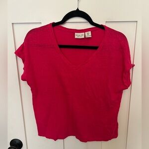 Rachel Zoe Hot Pink 100% Linen V-Neck Short Sleeve Tee T-Shirt Medium M
